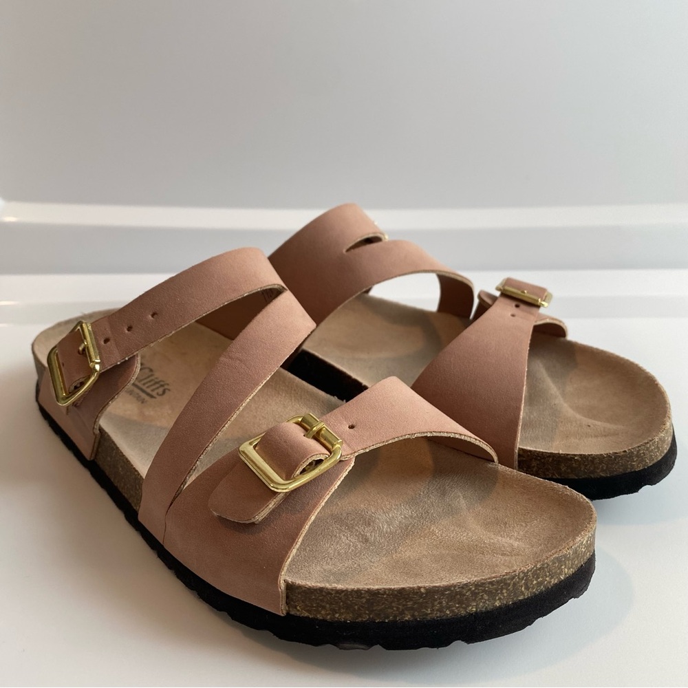 Stylish Tan Sandals with Gold Buckles